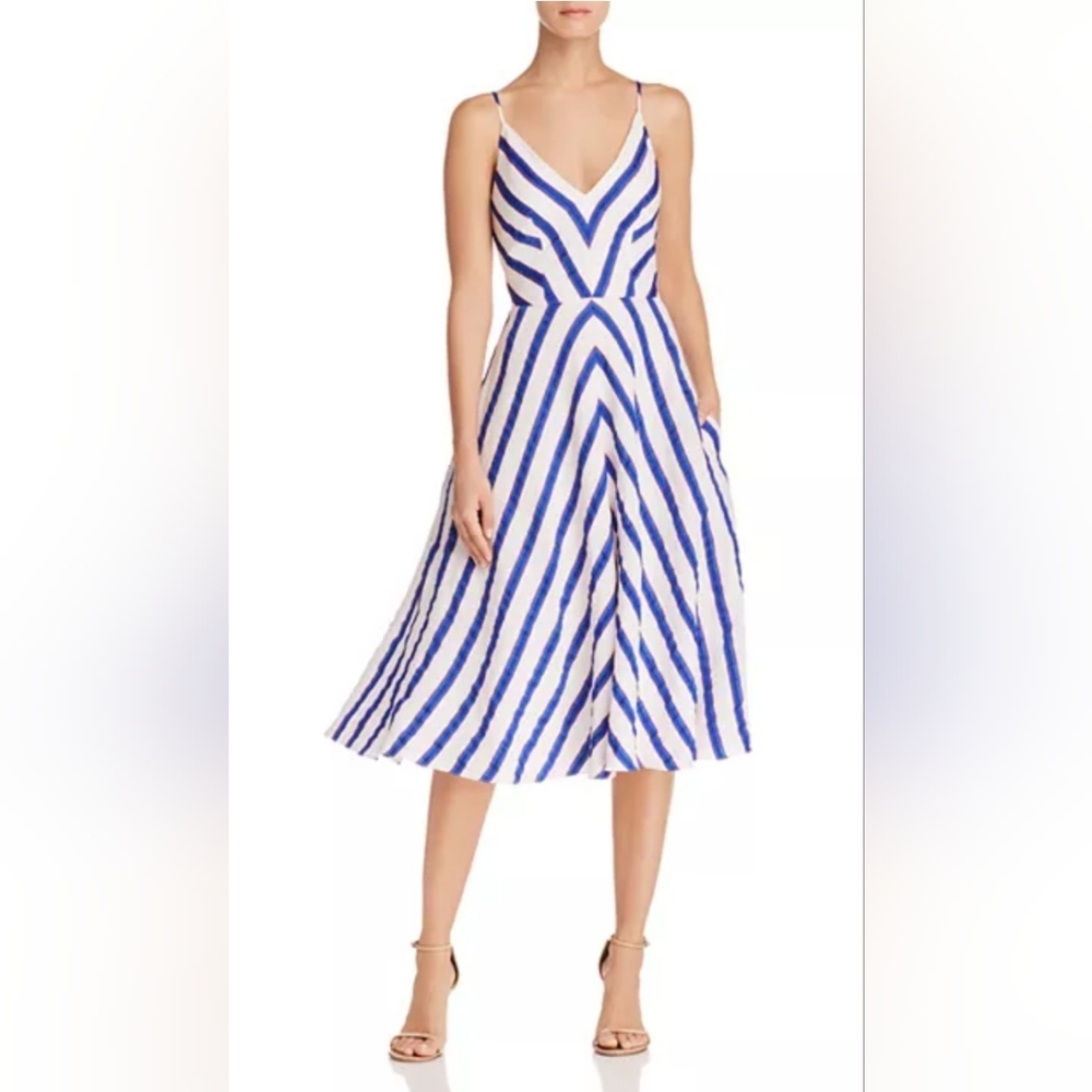 Milly Monroe Blue and White Striped Linen Blend Midi Dress Size 2